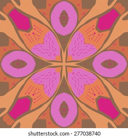 Circular seamless pattern of floral motif,stripes, doodles, zigzags, cross. Hand drawn.