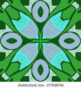 Circular seamless pattern of floral motif,stripes, doodles, zigzags, cross. Hand drawn.