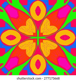Circular seamless pattern of floral motif,stripes, doodles, zigzags, cross. Hand drawn.