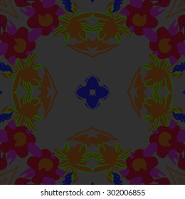 Circular seamless  pattern of floral  motif,stripes, waves, star, stylized  flowers. Hand drawn.