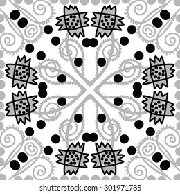 Circular seamless  pattern of floral  motif,stripes,zigzag, spirals, waves, ellipses,stylized  flowers. Hand drawn.