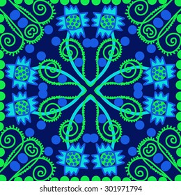 Circular seamless  pattern of floral  motif,stripes,zigzag, spirals, waves, ellipses, stylized flowers. Hand drawn.