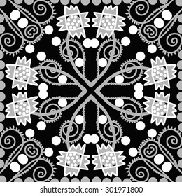 Circular seamless  pattern of floral  motif,stripes,zigzag, spirals, waves, ellipses,stylized  flowers. Hand drawn.