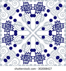 Circular seamless  pattern of floral  motif,stripes,zigzag, spirals, waves, ellipses, stylized  flowers. Hand drawn.