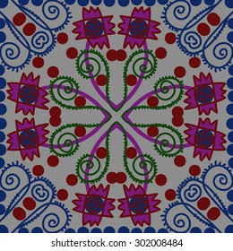 Circular seamless  pattern of floral  motif,stripes,zigzag, spirals, waves, ellipses, stylized flowers. Hand drawn.