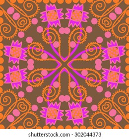 Circular seamless  pattern of floral  motif,stripes,zigzag, spirals, waves, ellipses, stylized flowers. Hand drawn.