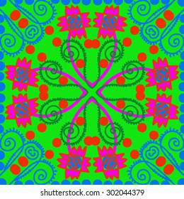 Circular seamless  pattern of floral  motif,stripes,zigzag, spirals, waves, ellipses, stylized flowers. Hand drawn.