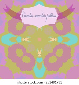 Circular seamless pattern of  floral ornament, label  on a  pale yellow background. Hand drawn.