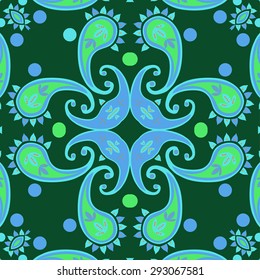 Circular seamless  pattern of  oriental motif, spirals, ellipses, leaves. Hand drawn.