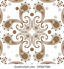 Circular seamless  pattern of  oriental motif, spirals, ellipses, leaves. Hand drawn.