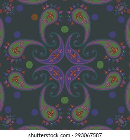 Circular seamless  pattern of  oriental motif, spirals, ellipses, leaves. Hand drawn.