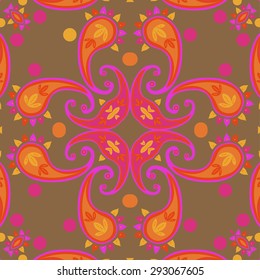 Circular seamless  pattern of  oriental motif, spirals, ellipses, leaves. Hand drawn.