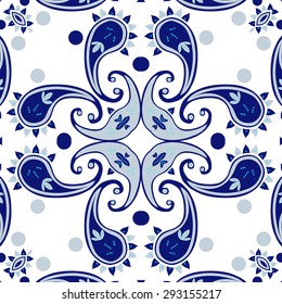 Circular seamless  pattern of  oriental motif, spirals, ellipses, leaves. Hand drawn.