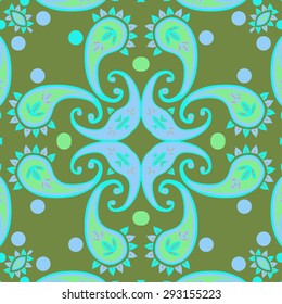 Circular seamless  pattern of  oriental motif, spirals, ellipses, leaves. Hand drawn.