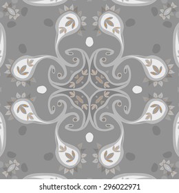 Circular seamless  pattern of  oriental motif, spirals, leaves, spirals. Hand drawn.