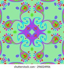 Circular seamless  pattern of  oriental motif, spirals, leaves, spirals. Hand drawn.