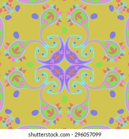 Circular seamless  pattern of  oriental motif, spirals, leaves, spirals. Hand drawn.