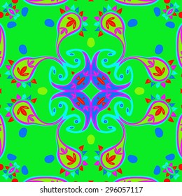 Circular seamless  pattern of  oriental motif, spirals, leaves, spirals. Hand drawn.