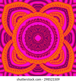 Circular seamless  pattern of oriental motif, stripes, spots. Hand drawn.