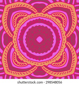 Circular seamless  pattern of oriental motif, stripes, spots. Hand drawn.