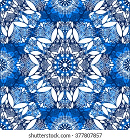 Circular seamless pattern. Ornamental texture. Blue and white graphics, painted by hand. For the design and decoration background, wallpaper, packaging, fabrics, textiles.