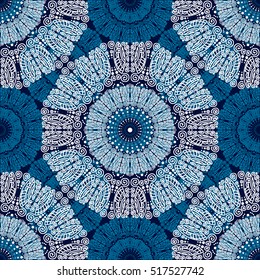 Circular seamless pattern. Ornamental texture. Blue and white graphics, painted by hand. For the design and decoration background, wallpaper, packaging, fabrics, textiles.