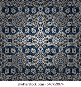 Circular seamless pattern. Ornamental texture mandala. Radial gradient shadow. Blue and white graphics, painted by hand.