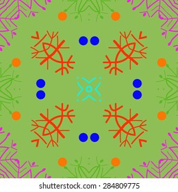 Circular  seamless pattern ot winter theme, snowflakes, ellipses spots, hole. Hand drawn.
