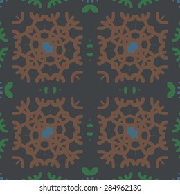 Circular  seamless pattern ot winter theme, snowflakes, ellipses ,spots, stars. Hand drawn.