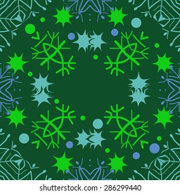 Circular  seamless pattern ot winter theme, snowflakes, ellipses, spots, hole, stars. Hand drawn.