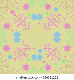 Circular  seamless pattern ot winter theme, snowflakes, ellipses, spots, hole, stars. Hand drawn.