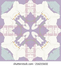 Circular seamless pattern of pale floral motif, watercolor,  pink text on a pale purple background.
