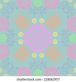 Circular seamless pattern of pale floral motifs, twigs, leaves in a pale azure background. 