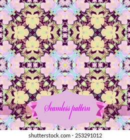 Circular seamless pattern of pale floral motifs, label   on a dark pink    background. Hand drawn.