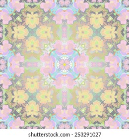 Circular seamless pattern of pale floral motifs on a  gradient gray   background. Hand drawn.