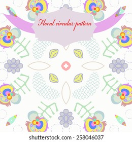 Circular seamless pattern of pale floral motif, label on a white   background. Handmade.