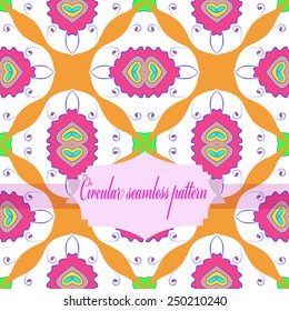 Circular seamless pattern of  spots, leaves, floral motifs, spirals, label on a white background. Hand drawn.