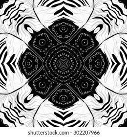 Circular seamless  pattern of striped feathers  ,waves, stars, spots. Hand drawn.