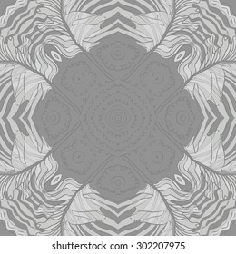 Circular seamless  pattern of striped feathers  ,waves, stars, spots. Hand drawn.