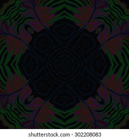 Circular seamless  pattern of striped feathers  ,waves, stars, spots. Hand drawn.