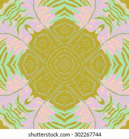 Circular seamless  pattern of striped feathers  ,waves, stars, spots. Hand drawn.