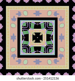 Circular seamless pattern of stripes ornament with teapots, floral motifs on a  black  background. Hand drawn.