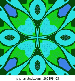 Circular  seamless pattern of stylized flower,  spots,stamens, doodles. Hand drawn.