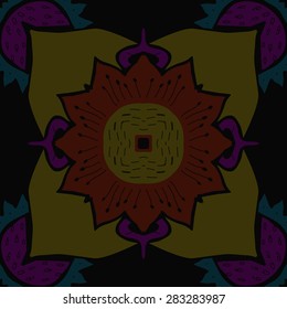 Circular  seamless pattern of stylized flower,  spirals,stamens, doodles, zigzag. Hand drawn.