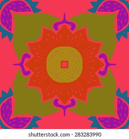 Circular  seamless pattern of stylized flower,  spirals,stamens, doodles, zigzag. Hand drawn.