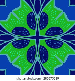 Circular  seamless pattern of  stylized flower, doodles, stamens, cross. Hand drawn.