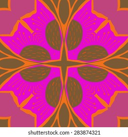 Circular  seamless pattern of  stylized flower, doodles, stamens, cross. Hand drawn.