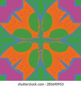 Circular  seamless pattern of  stylized flower, stamens, stripes, wave, cross. Hand drawn.