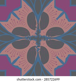 Circular  seamless pattern of  stylized flower, stamens, stripes, wave, cross. Hand drawn.
