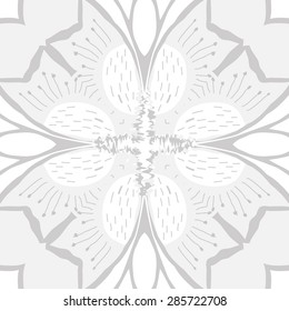 Circular  seamless pattern of  stylized flower, stamens, stripes, wave, cross. Hand drawn.
